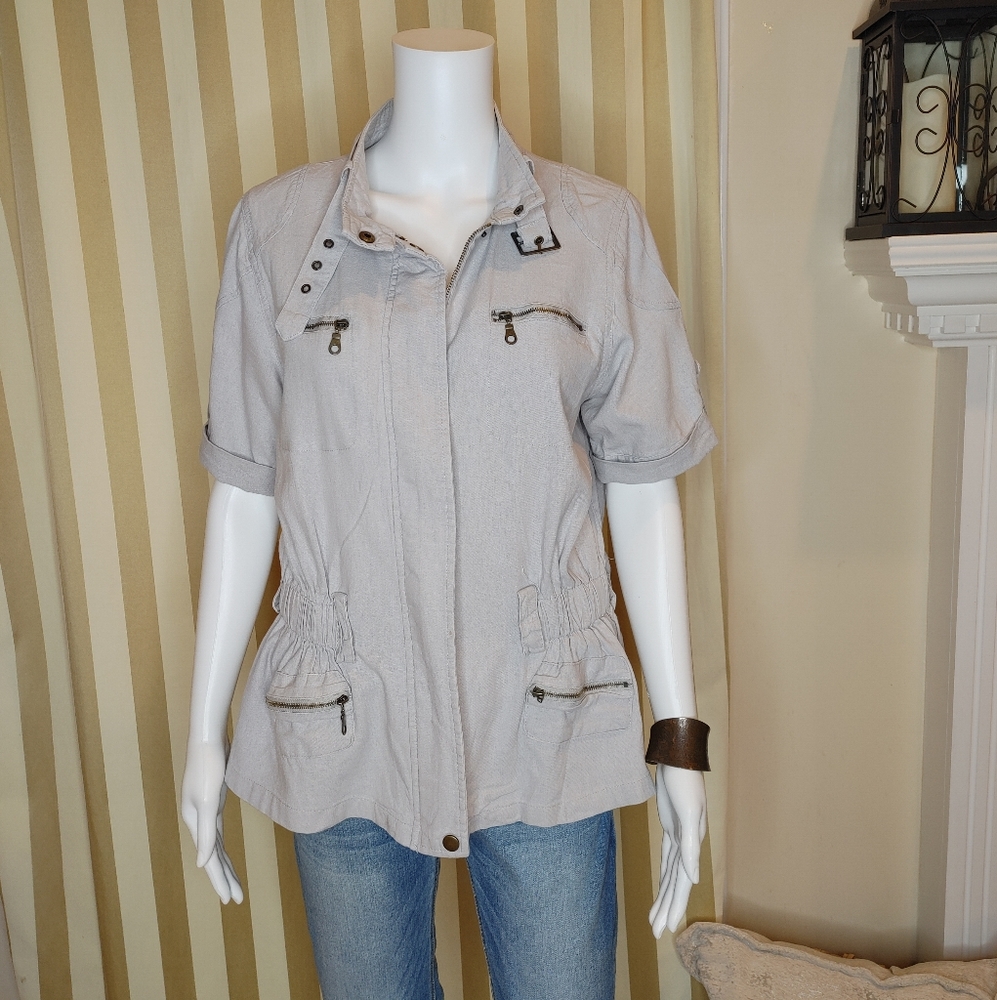 BASIC EDGE CLOTHING SHORT SLEEVE LINEN MOTO JACKET, TAN L